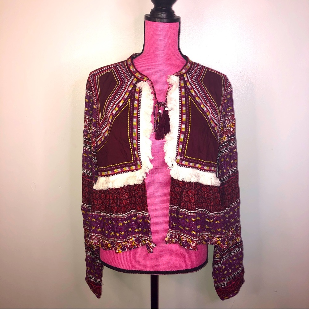 Aztec Print Embroidered Fringe Cardigan